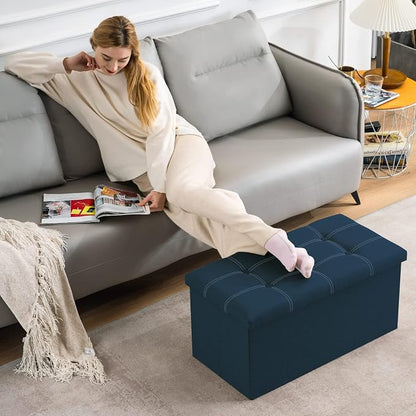 YOUDENOVA 30 Inch Storage Ottoman, Folding Ottoman with Storage, Linen Storage Ottoman Bench Supports Up to 350 lbs, Footrest Seat for Living Room, Bedroom, Blue