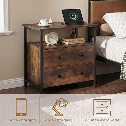 Edbuosy 27 inch Wide Night Stand with Charging Station, Bedside Table with Open Shelf, 2 Drawers Small Wood Dresser, Modern Wood Nightstand for Bedroom/Living Room, Retro Brown