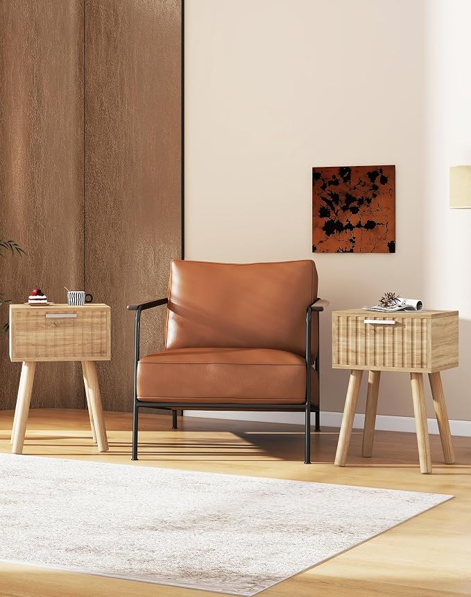 YMYNY Narrow Fluted Nightstand Set of 2, Small End Table, Modern Coffee Table with Drawer, Solid Wood Legs, Retaining Chain, for Bedroom and Small Spaces, Natural UHST014R-2