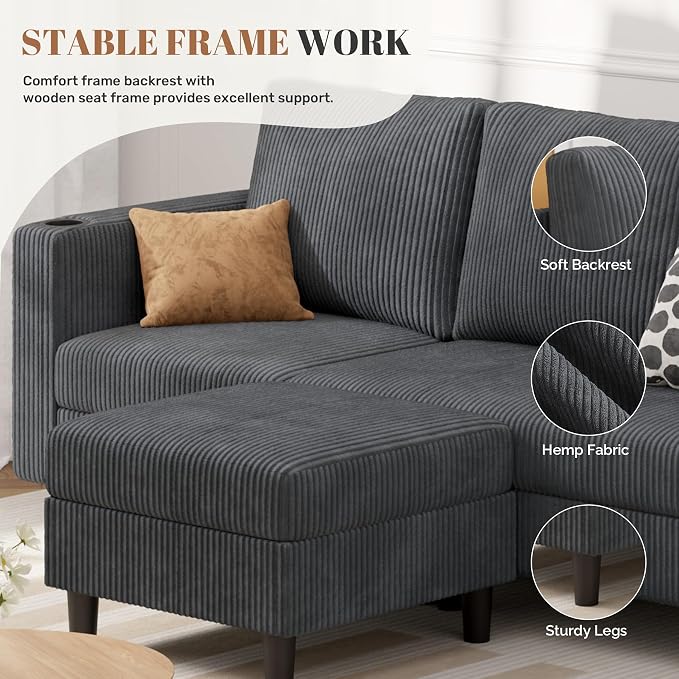 Luxanimarion Upholstered Sectional Sofa and Couches, 78'' L Shaped 3-seat Sofa forLiving Room, Apartment,Lounge,Bedroom-Washable Covers Convertible Sofas(Corduroy Fabric,Dark Gary)