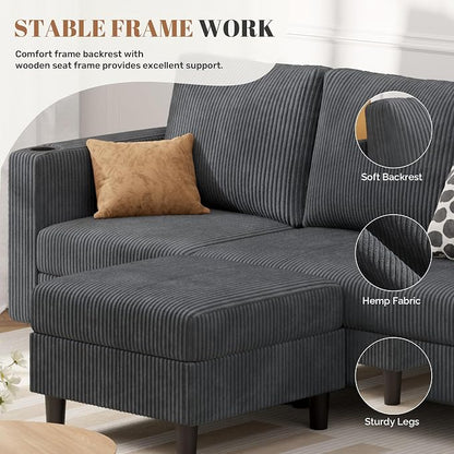 Luxanimarion Upholstered Sectional Sofa and Couches, 78'' L Shaped 3-seat Sofa forLiving Room, Apartment,Lounge,Bedroom-Washable Covers Convertible Sofas(Corduroy Fabric,Dark Gary)
