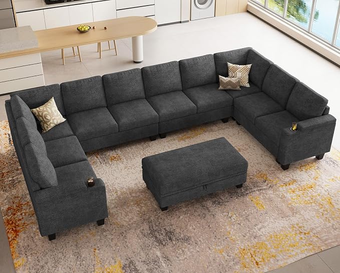Belffin Oversized U Shaped Modular Sectional Couches for Living Room 10 Seater Modular Sofa Set with Storage Ottoman Large Sectional Couch with Cup Holder. Dark Grey Sofa