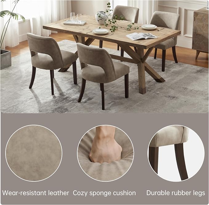 VKNOW Modern Dining Chairs Set of 4 with Rubberwood Legs, Taupe | Faux Leather, Curved Back, For family, Kitchen Dining RoomRestaurant Reception Room, No wobble, 80% pre-installed