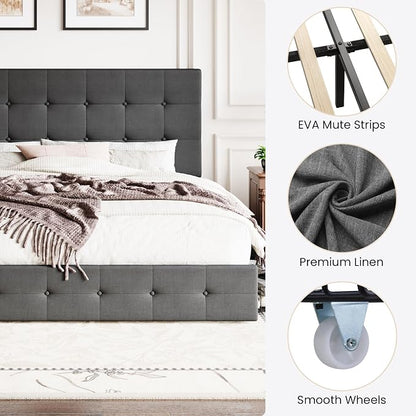 SHA CERLIN Upholstered King Size Platform Bed Frame with 4 Storage Drawers, Adjustable Headboard with Square Stitched Button Tufted Design, Wooden Slat Support, No Box Spring Needed, Dark Grey