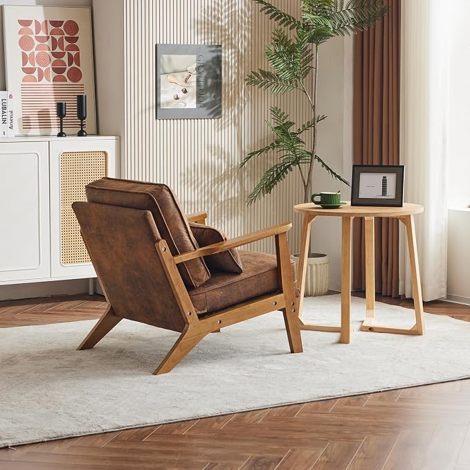 Karl home Mid-Century Lounge Accent Chair, Brown | Wide Curved Armrest, Bronzing Cloth, Lumbar Pillow Included, Solid Wood Frame, For Living Room, Bedroom, Balcony, Apartment