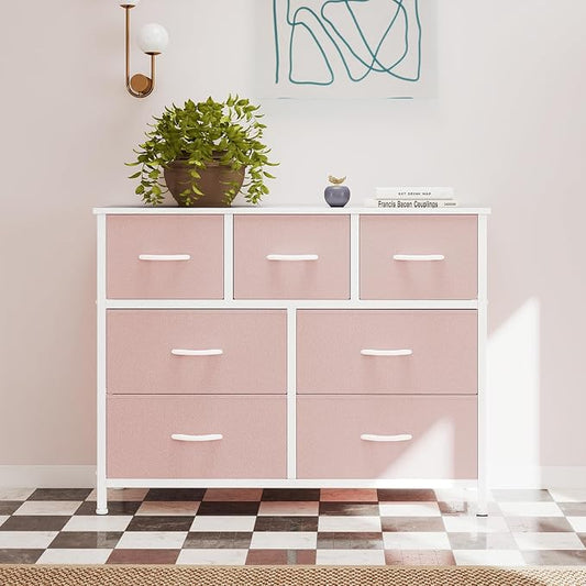 OLIXIS 7 Drawers Dresser for Bedroom, Fabric Storage Tower for Living Room, Entryway - Sturdy Steel Frame, Wooden Top and Easy Pull Fabric Bins, Closet Chests Organizer for Clothes,Pink