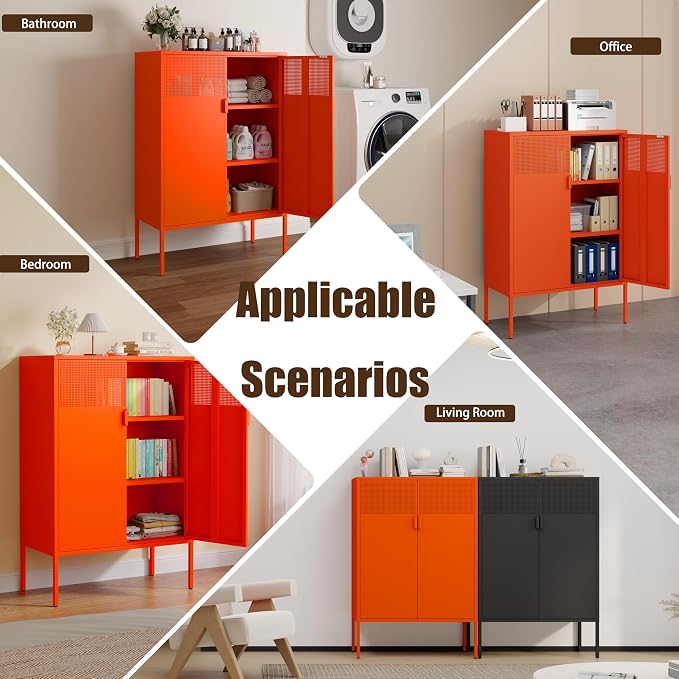 47''H Orange Metal Storage Cabinet, Metal TV Stand with 2 Adjustable Shelves, 3-Tier Metal Locker with Vent Hole, Storage Cabinets for Entryway, Home Office, Music Studio, Home Office