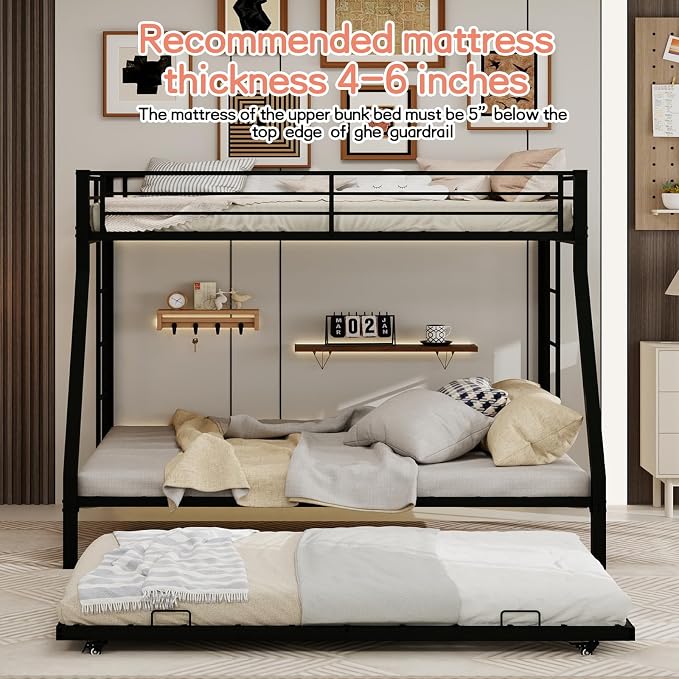 Metal Bunk Bed with Trundle, Space-Saving Bunk Bed Twin Over Full with Ladders and Safety Guardrail, Heavy Duty Twin Bed Frames, No Box Spring Needed and Noise Free(Black)
