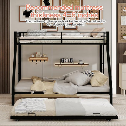 Metal Bunk Bed with Trundle, Space-Saving Bunk Bed Twin Over Full with Ladders and Safety Guardrail, Heavy Duty Twin Bed Frames, No Box Spring Needed and Noise Free(Black)