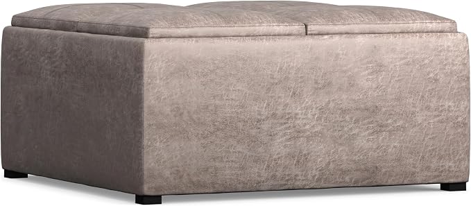 SIMPLIHOME Avalon Wide Contemporary Square Coffee Table Storage Ottoman, Distressed Grey Taupe, Table Ottoman