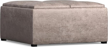 SIMPLIHOME Avalon Wide Contemporary Square Coffee Table Storage Ottoman, Distressed Grey Taupe, Table Ottoman
