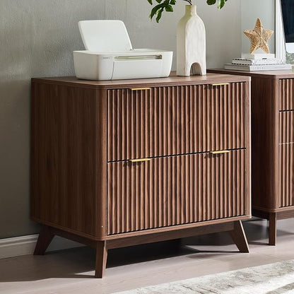 T4TREAM 2 Drawer File Cabinet, 31.8" Fluted Lateral File Cabinet w/Files Hanging Rod for Letter/Legal/A4, Large Tabletop for Printer, Office Wood Printer Cabinets, Light Walnut