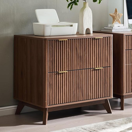 T4TREAM 2 Drawer File Cabinet, 31.8" Fluted Lateral File Cabinet w/Files Hanging Rod for Letter/Legal/A4, Large Tabletop for Printer, Office Wood Printer Cabinets, Light Walnut