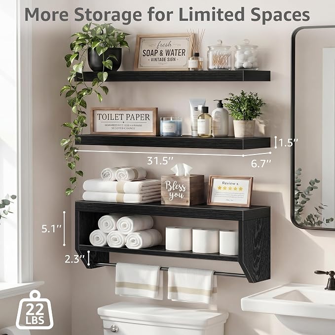 QEEIG Bathroom Floating Shelves for Wall - Shelf Over Toilet Paper Storage Farmhouse 32 inch Long Set of 3, Black (028-80B3)