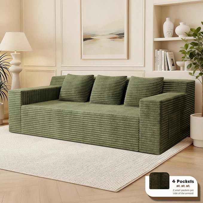 Kurhwyss 71" Corduroy Living Room Sofa, 3 Setaser Deep Seat Couch with 3 Lumbar Pillows, Comfy Boneless Sofa Modern Compressed Couch for Bedroom, Office, Apartment, No Assembly, Flat Armrests (Green)