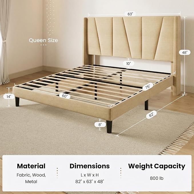 SHA CERLIN Queen Size Bed Frame with Geometric Wingback Headboard, Upholstered Platform Bed with Wooden Slats Support, 8" Under-Bed Space, No Box Spring Needed, Easy Assembly, Beige