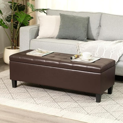 Asense 45" Storage Ottoman Bench,Faux Leather Upholstered Ottoman with Legs,Tufted Ottoman with Safety Hinge,Storage Bench for Bedroom,Living Room,Entryway,Chocolate Brown