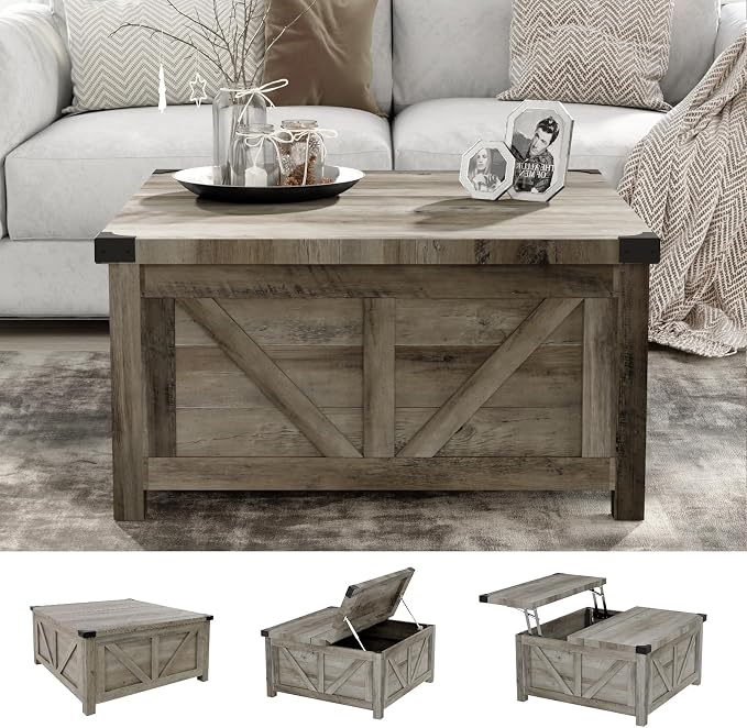 jimeimen Farmhouse Lift Top Coffee Table with Storage, Wood Square Center Table with Charging Station&USB Port, Living Room Table w/Large Hidden Space, for Living Room, Bedroom, Home Office, Grey