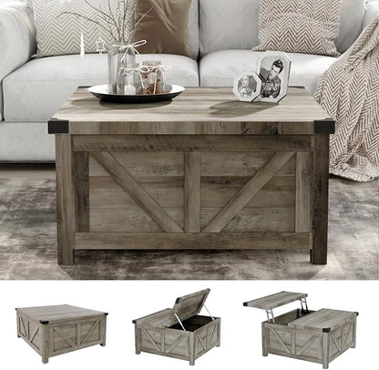 jimeimen Farmhouse Lift Top Coffee Table with Storage, Wood Square Center Table with Charging Station&USB Port, Living Room Table w/Large Hidden Space, for Living Room, Bedroom, Home Office, Grey