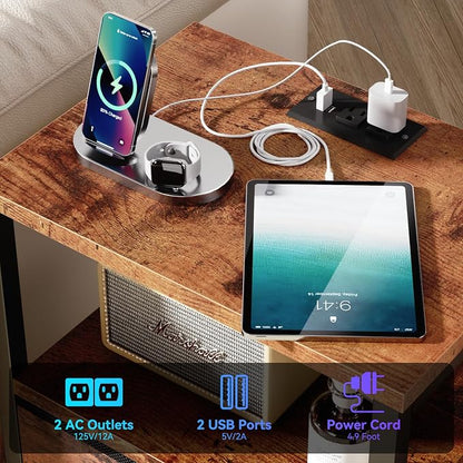 Furologee Nightstands Set of 2 Charging Station, End Tables with LED Lights, Nightstands with 2 Fabric Drawers and Shelves, Bedside Tables for Living Room/Bedroom,Rustic Brown
