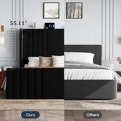 Queen Bed Frame with 55.1" Tall Headboard, Velvet Upholstered Platform Bed with Channel Tufted Wingback, 2 Reading Lights/Storage Shelf/Charging Station/Easy Assembly/Noise-Free, Black