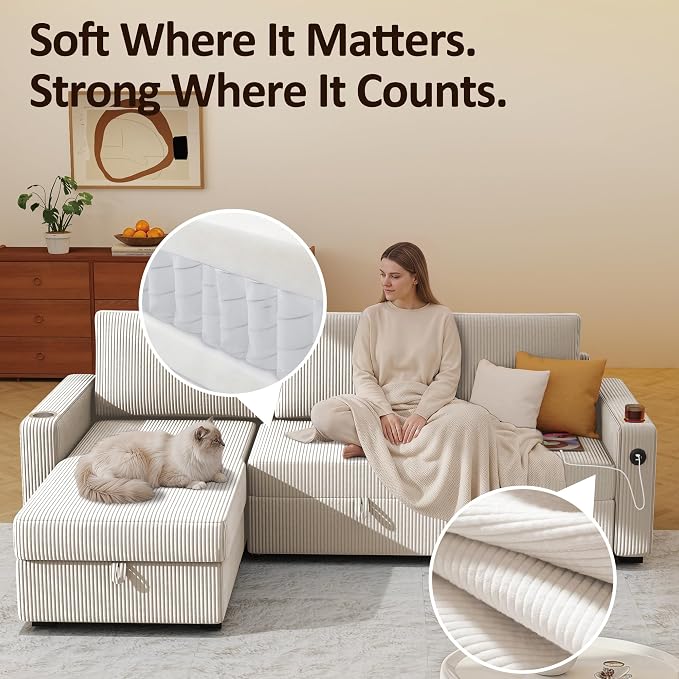 Ball & Cast 80" Sectional Sleeper Sofa Bed Pull Out Couches for Living Room | L Shaped Convertible Pull Out Sofa Bed with Storage Chaise, Foldable Table, USB Port, Cup Holder, Side Pocket for Small Space