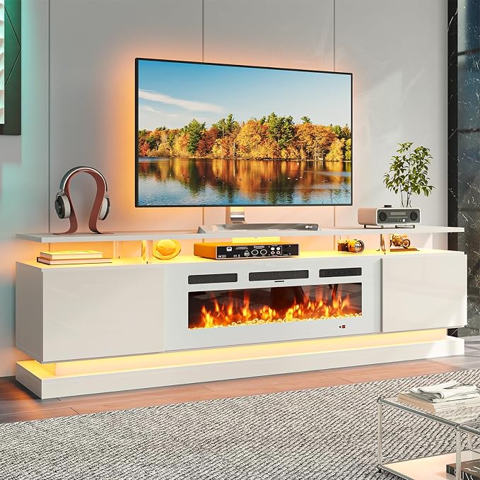 80" Fireplace TV Stand, Modern Entertainment Center for TVs Up to 90", TV Console with Storage Cabinets, Media Console for Living Room, White TV Stand and Black Fireplace