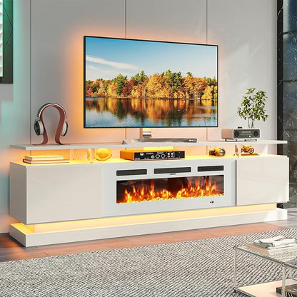 80" Fireplace TV Stand, Modern Entertainment Center for TVs Up to 90", TV Console with Storage Cabinets, Media Console for Living Room, White TV Stand and Black Fireplace