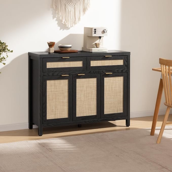 SICOTAS Rattan Sideboard Buffet Cabinet with Storage, Boho Credenza Accent Cabinet with 3 Doors and 2 Drawers, Farmhouse Console Coffee Bar for Kitchen, Living Room, and Entryway, Black Oak