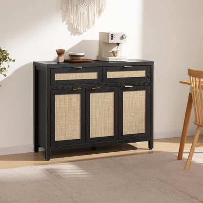 SICOTAS Rattan Sideboard Buffet Cabinet with Storage, Boho Credenza Accent Cabinet with 3 Doors and 2 Drawers, Farmhouse Console Coffee Bar for Kitchen, Living Room, and Entryway, Black Oak