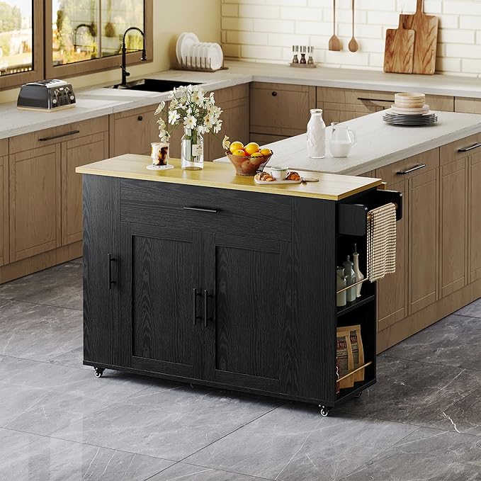 IRONCK Rolling Kitchen Island Table on Wheels with Drop Leaf, Storage Cabinet and Drawer, 52 in Kitchen Cart with Spice and Towel Rack for Kitchen, Black