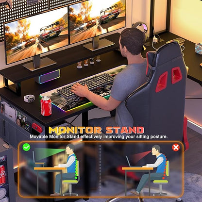 Aheaplus Small L Shaped Gaming Desk with LED Lights & Power Outlets, Reversible L-Shaped Computer Desk with Monitor Stand & Storage Shelf, Corner Desks Home Office Desk with Storage Bag, Black
