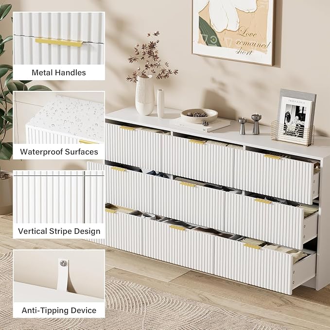 Furniway 9 Drawer White Dresser for Bedroom, 63" Modern Fluted Dresser with Gold Handles and Smooth Slides, Wide Chest of Drawers for Closet, Living Room, Hallway