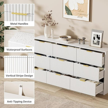 Furniway 9 Drawer White Dresser for Bedroom, 63" Modern Fluted Dresser with Gold Handles and Smooth Slides, Wide Chest of Drawers for Closet, Living Room, Hallway