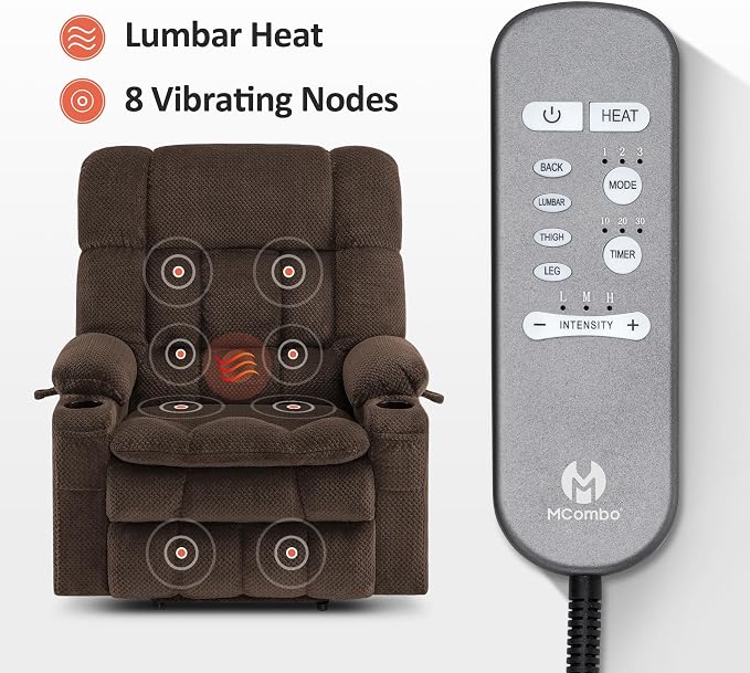 MCombo Oversized Power Lift Recliner Chair for Elderly, Dual Motor Lift Chair with Heat and Massage, Lay Flat Lift Chair for Big and Tall, Cup Holders, Fabric R7891 (Large-Wide, Mocha)