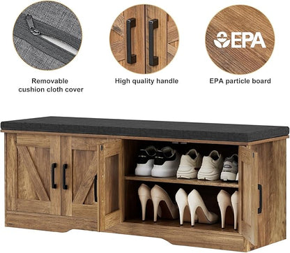 HOMSHO Farmhouse Shoe Storage Bench with 4 Barn Doors & Padded Seat Cushion | 47.2" Wide Entryway Bench with Adjustable Shelves & Hidden Storage, Rustic Walnut