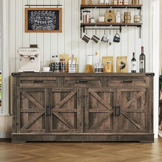 usikey Buffet Cabinet, 61” Large Sideboard Buffet Storage Cabinet with 3 Drawers, Farmhouse Coffee Bar with 4 Doors, Buffet Table for Kitchen, Living Room, Antique Oak