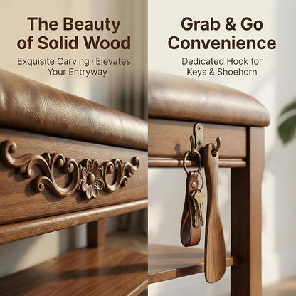 Shoe Rack Bench Entryway Storage with Leather Cushion, Shoe Organizer Bench for Entryway, Front Doors Entrances Hallway,Mudroom,Closet, Bedroom,Solidwood 3 Height-Adjustable Removable Shelve,31.5"