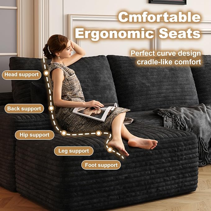 AUGOP 108" Sectional Couches for Living Room Modern Modular Sofa with L-Shape Couchs Upholstered Boneless Couch Deep Seat Sectional Couch with Chaise (Black, Right Facing Chaise+2Seaters+1Ottoman)
