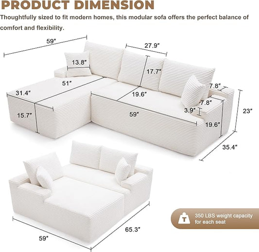 Mangodan Cloud Sectional Sofa, Boneless Couch for Living Room, Modular Sectional Sofa with Deep Seat, Fluffy Comfy Couch with L-Shaped Chaise, No Assembly Required, Beige