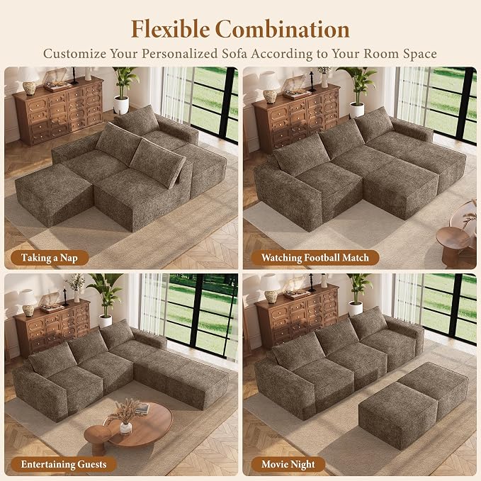 Vesgantti 114" Boneless Modular Sectional Sofa, Modern U Shaped 5 Seater Couch with 2 Ottoman & Deep Seat, Convertible Chenille Cloud Couches for Living Room, No Assembly Required, Dark Brown
