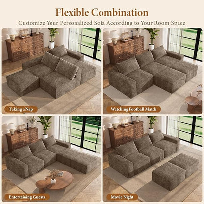 Vesgantti 114" Boneless Modular Sectional Sofa, Modern U Shaped 5 Seater Couch with 2 Ottoman & Deep Seat, Convertible Chenille Cloud Couches for Living Room, No Assembly Required, Dark Brown
