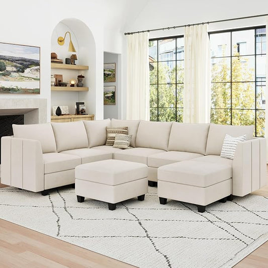 Belffin Modular Sectional Sofa U Shaped Couch with Storage Ottoman Velvet Sectional Couch for Living Room, Beige