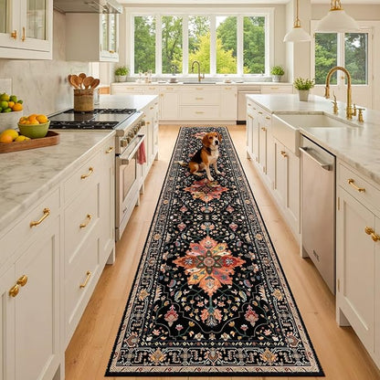 RELEANY Area Rugs Runner 2'6"x10' Washable Non-Slip, Floral Vintage Distress Medallion Carpet for Kitchen Hallway Bedroom Beside Laundry Room Bathroom, Black Colorful Floral Dark Tan