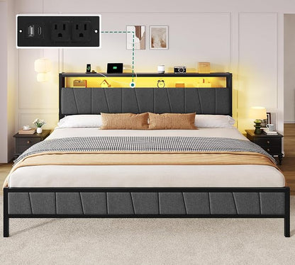 YITAHOME Queen Bed Frame with Storage Headboard, LED Upholstered Platform Bed with Charging Station, Metal Slats, No Box Spring Needed, Easy Assembly - Gray