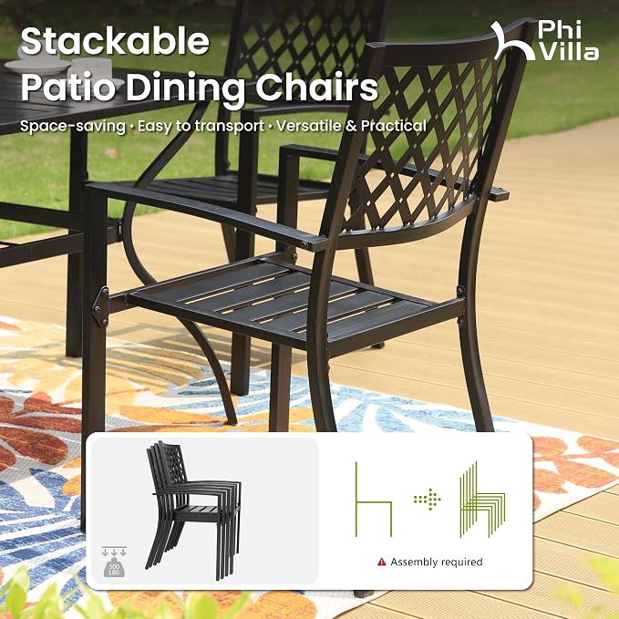 PHI VILLA 5 Pieces Outdoor Round Dining Set for 4, Metal Steel Circle Table with Umbrella Hole & Stacking Wrought Iron Chairs, Modern Furniture Set for Patio, Deck, Backyard, Porch