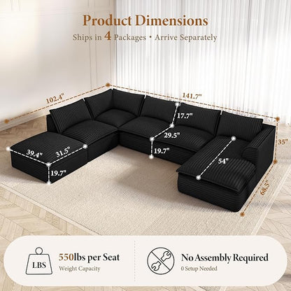 Vesgantti 141.7" Oversized Sectional Boneless Couch, Modern 7 Seater Modular Sofa with Chaise & Ottoman, Deep Seat Plush Corduroy Cloud Couches for Living Room, No Assembly Required, Black