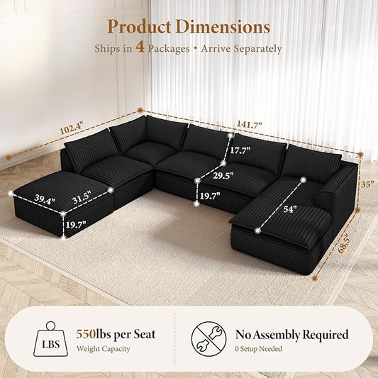 Vesgantti 141.7" Oversized Sectional Boneless Couch, Modern 7 Seater Modular Sofa with Chaise & Ottoman, Deep Seat Plush Corduroy Cloud Couches for Living Room, No Assembly Required, Black