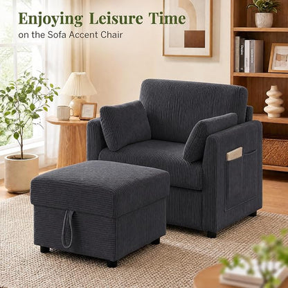 38" Modern Accent Chair, Corduroy Chair with Soft Pillows and Side Pockets, Comfy Single Reading Chairs for Living Room, Bedroom Grey
