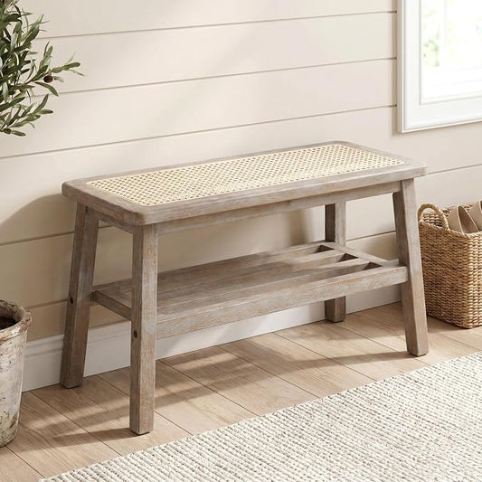 ROCITY Rattan Entryway Bench Wood Bench with Shoe Rack 30 Inch Small Bench Seat Storage Indoor Distressed Wooden Dining Bench Farmhouse Vintage Rustic Accent Bench for Porch/Dining Room/Living Room